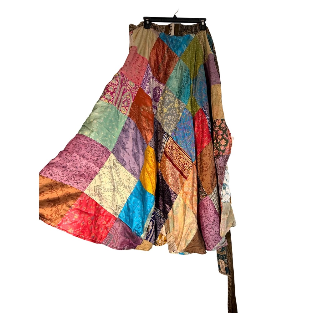 Boho Patchwork Wrap Maxi Skirt Multi Color Floral Paisley One Size Made in India